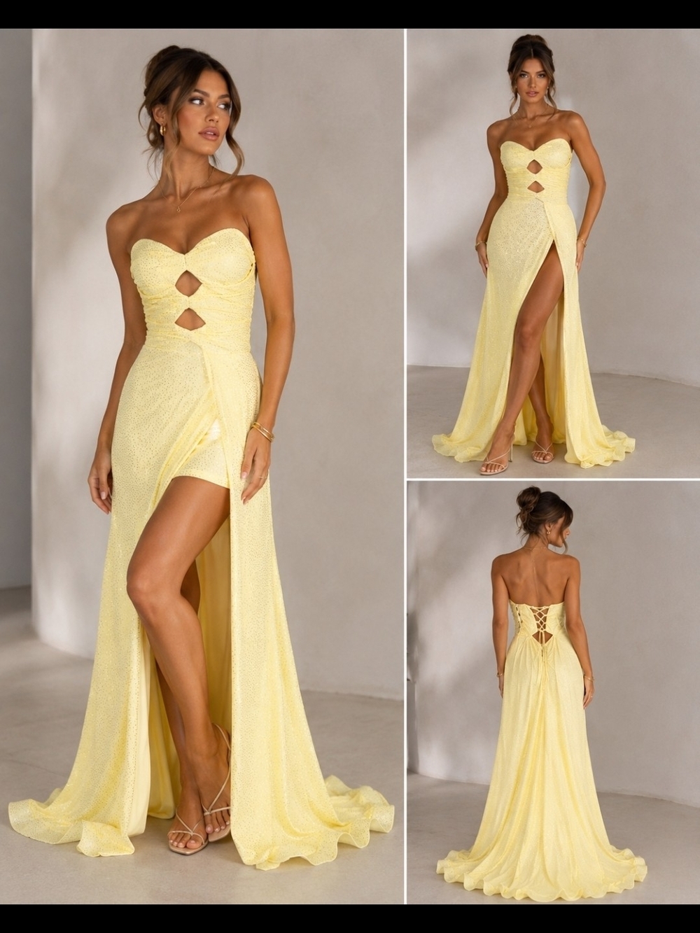 NWT Formal Dress Yellow Sparkle Dot, Cutout, High Slit, Lace Up Back Gown Sz 10